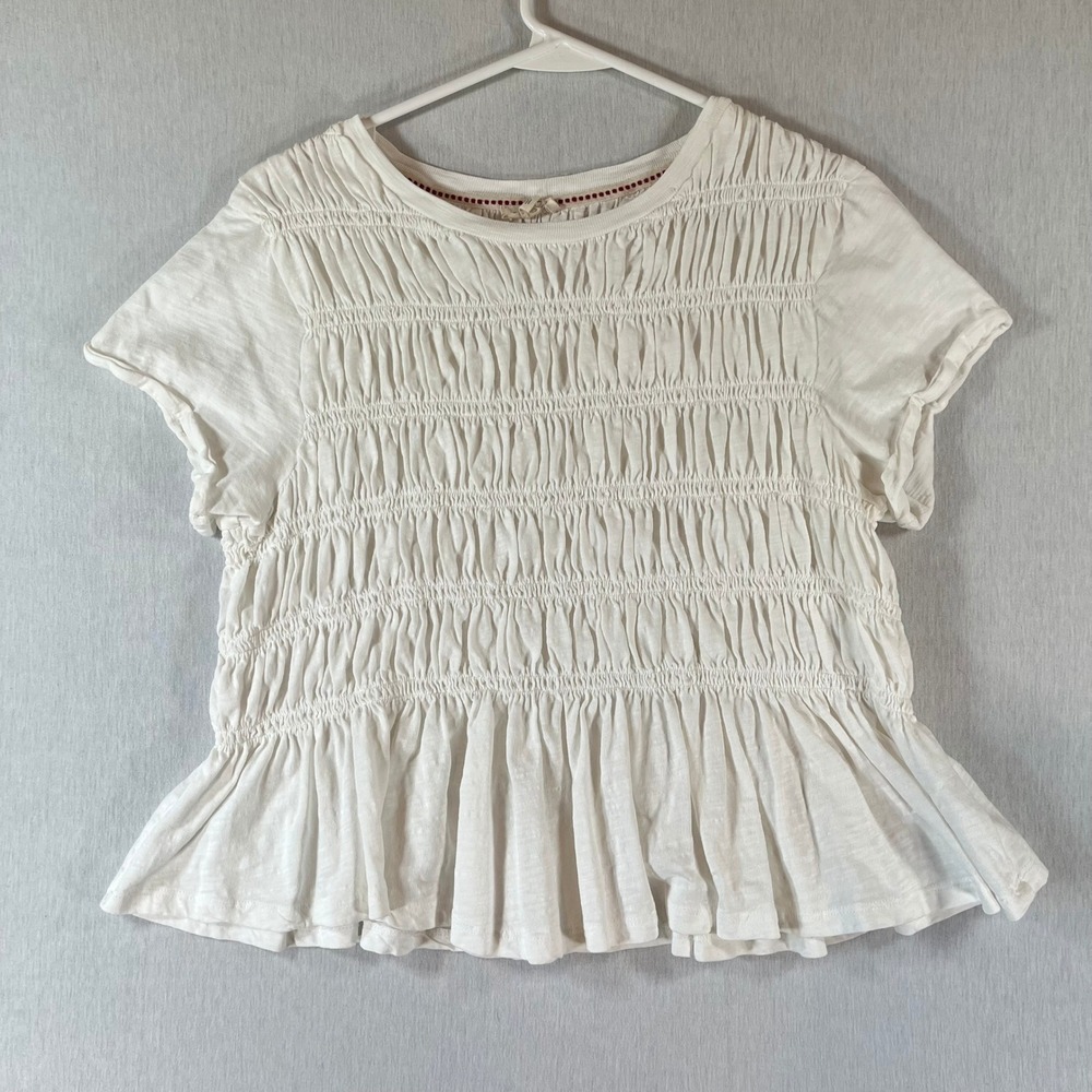 Pilcro Anthropologie Top M White Smocked Peplum Short Sleeve Cotton Textured